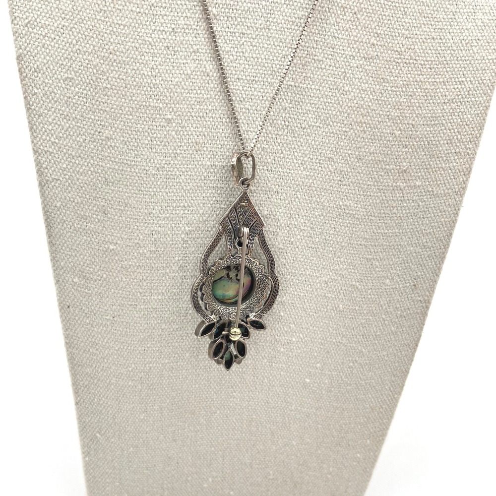 Sterling Silver Abalone Marcasite Pendant Brooch Necklace 30 Inch Box Chain 925 - Picture 5 of 9